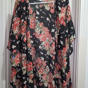 Floral Open-Front Kimono  - Black & Red One Size Fits Most
